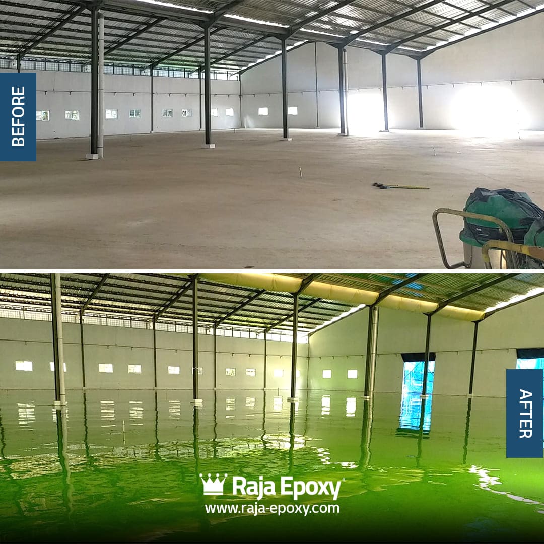 Hasil pengerjaan jasa epoxy lantai gudang logistik tahan beban berat